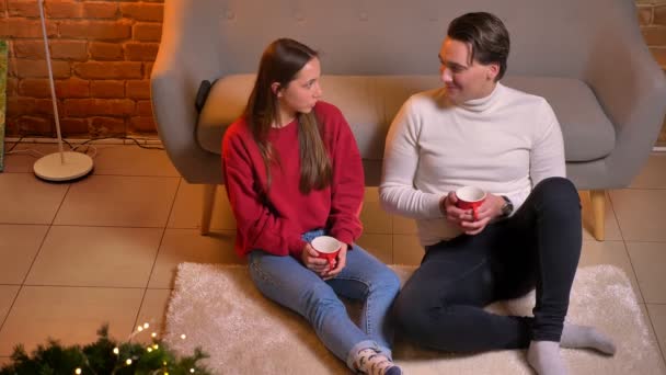 Top down view of cheerful caucasian friends sitting on carpet with tea and communicating in christmas home atmosphere. - Video