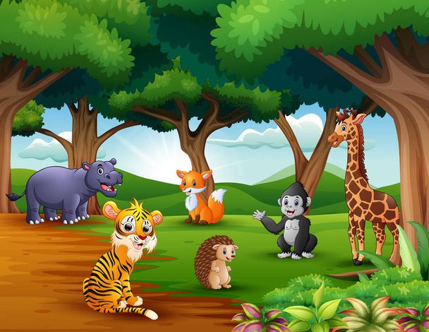 動物漫画は、ジャングルの中で自然を楽しんでいます。 - ベクター画像
