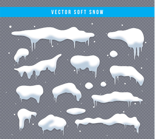 Snow caps, snowballs and snowdrifts set. Snow cap vector collection. Winter decoration element. Snowy elements on winter background. Cartoon template. Snowfall and snowflakes in motion. Illustration. - Vector, Image
