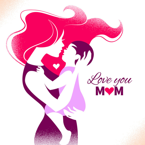 glücklicher Muttertag. Karte mit schöner Silhouette von Mutter und - Vektor, Bild