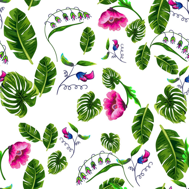 Seamless background with tropical leaves and flowers - Vector, Image