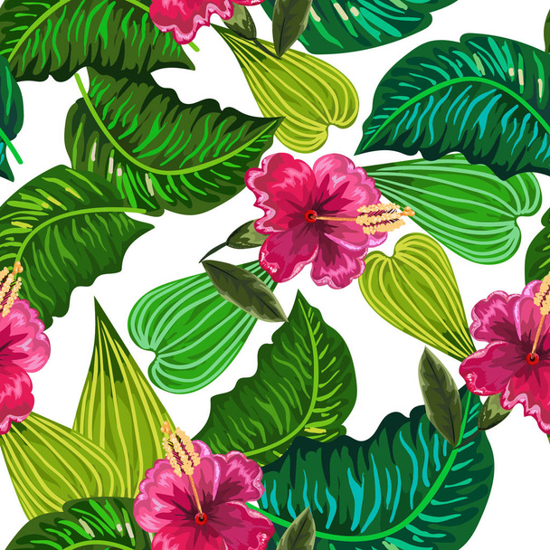 Seamless background with tropical leaves and flowers - Wektor, obraz