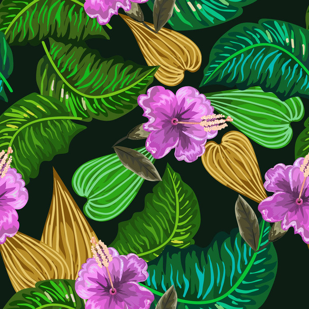 varratmentes háttérben trópusi levelek és virágok - Vektor, kép