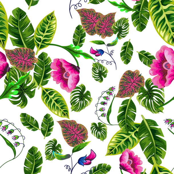 Seamless background with tropical leaves and flowers - Вектор,изображение