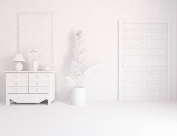 Idea of a white empty scandinavian room interior with dresser on the wooden floor . Home nordic interior. 3D illustration - Photo, Image