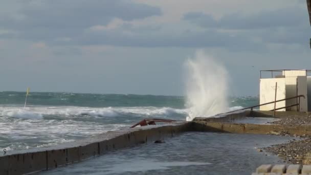 巨大な強力な波が護岸で主要な重度の嵐で。ロシア、アナパ市 - 映像、動画