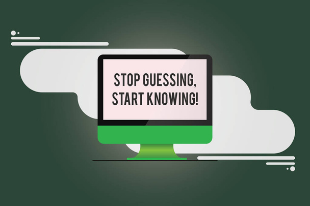 Концептуальный почерк, показывающий Stop Guessing Start Knowing. Не угадывайте, получить знания, чтобы быть уверенным смонтированный монитор компьютера холостой экран на абстрактном фоне
. - Фото, изображение