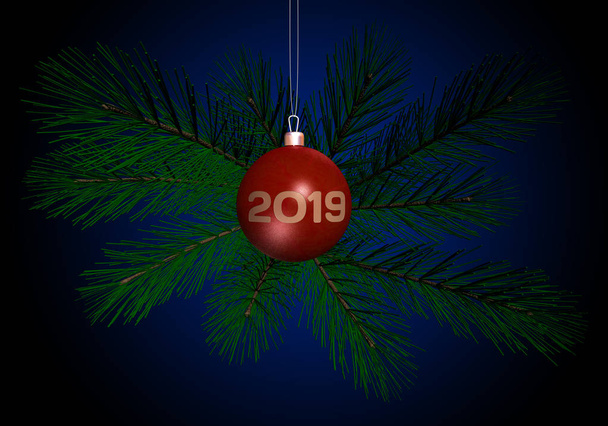 New Year 2019. Christmas tree branches with toy - Photo, Image