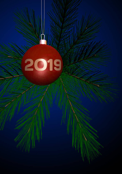 Neujahr 2019. Weihnachtsbaumspielzeug auf einem Tannenzweig im Winter - Foto, Bild
