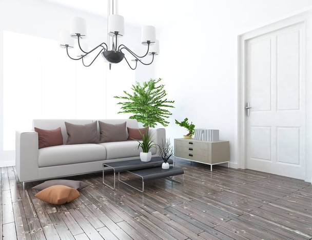 Idea di un soggiorno scandinavo bianco interno con divano, piante e pavimento in legno. Home Interno nordico. Illustrazione 3D
  - Foto, immagini
