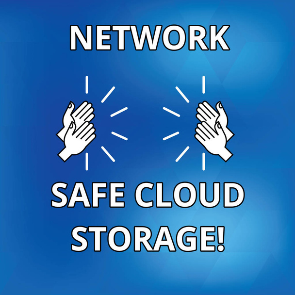 Szöveg jel mutatja a hálózat biztonságos felhőalapú tárolást. Fogalmi fénykép biztonsági új online tárolási technológiák rajz Hu elemzés kezek Clapping Applauding hang ikonra a kék háttér. - Fotó, kép