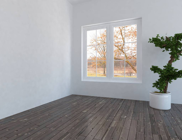 Idéia de um interior de quarto escandinavo vazio branco com vasos no chão de madeira. Casa interior nórdico. Ilustração 3D - Ilustração
 - Foto, Imagem