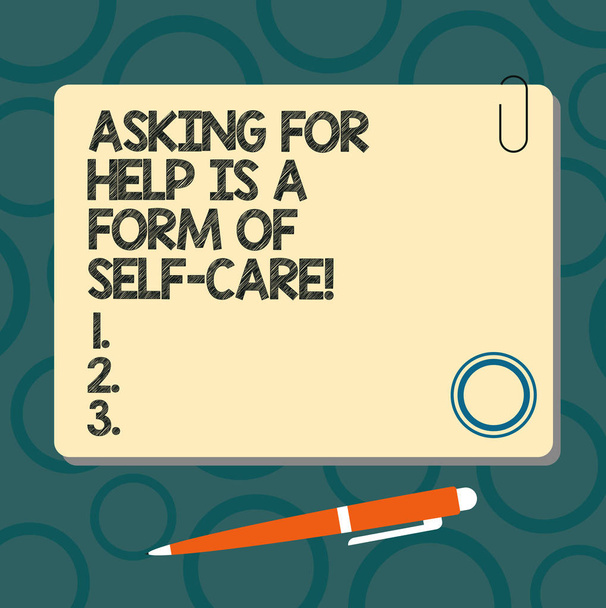Tekst znaku wskazującym, prosząc dla pomocy jest A formularz z Self Care. Koncepcyjne zdjęcie być otwarty z prośbą o wsparcie w innych Square kolor deska z magnesem Kliknij pinezkę długopis i klip. - Zdjęcie, obraz