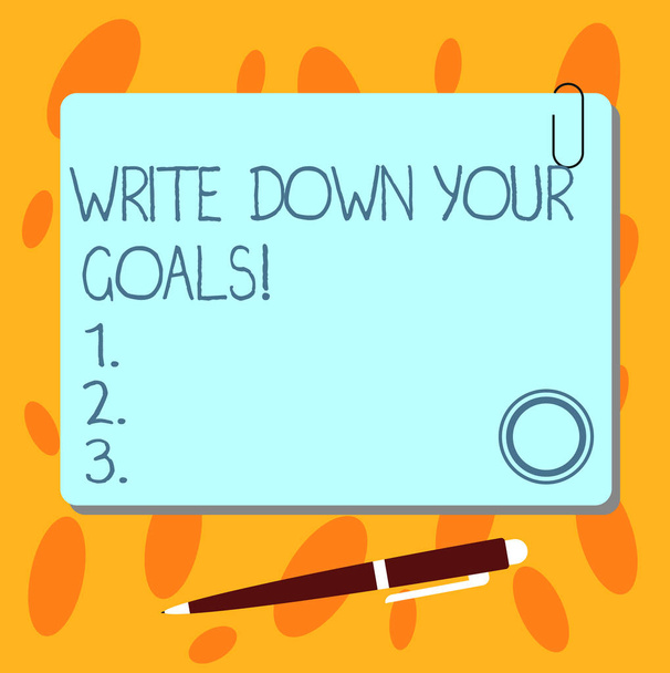 Текстовый знак "Запиши свои цели". Сделать список вашей цели, чтобы остаться мотивированным пустой квадратный цвет доска с магнитом Щелкните шариковой ручкой Pen Pushpin и клип
. - Фото, изображение