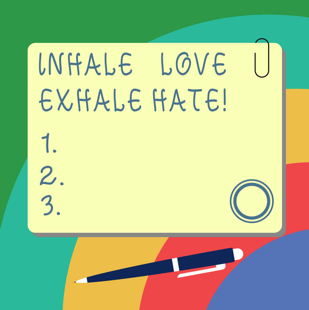Handwriting text writing Inhale Love Exhale Hate. Concept meaning Positive do not be full of resentment Relax Blank Square Color Board with Magnet Click Ballpoint Pen Pushpin and Clip. - Photo, Image