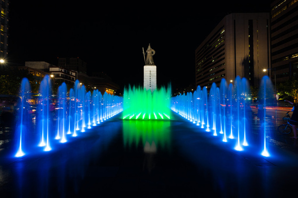 Fontana notturna della statua di Re Sae Jong Dae al centro
 - Foto, immagini