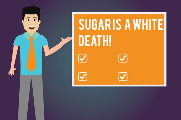 Σύνταξη σημείωσης δείχνει ζάχαρη είναι ένα λευκό θάνατο. Επαγγελματίες φωτογραφία προβάλλοντας γλυκά είναι επικίνδυνη διαβήτη προειδοποίησης ανθυγιεινά τρόφιμα άνδρας με γραβάτα μιλάμε παρουσιάζει κενό χρώμα πλατεία Διοικητικό Συμβούλιο. - Φωτογραφία, εικόνα