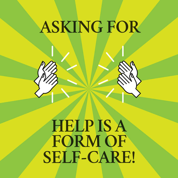 Word pisanie tekstu proszenie o pomoc jest formą Self Care. Koncepcja biznesowa dla być otwarty z prośbą o wsparcie w innych analizy rysunku Hu klaskanie ręce z ikona dźwięku na dwóch Tone Sunburst. - Zdjęcie, obraz