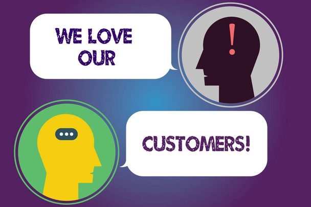 Handwriting text We Love Our Customers. Concept meaning Appreciation for clients good customer service Messenger Room with Chat Heads Speech Bubbles Punctuations Mark icon. - Photo, Image