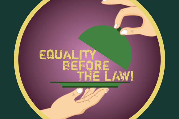 Word writing text Equality Before The Law. Business concept for Justice balance protection equal rights for everyone Hu analysis Hands Serving Tray Platter and Lifting the Lid inside Color Circle. - Photo, Image