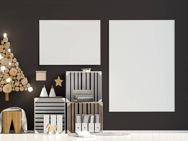 Moderní vánoční interiérové, skandinávský styl. Plakát mock-up. 3D obrázek - Fotografie, Obrázek