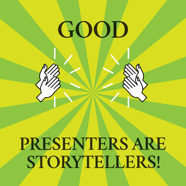 Word writing text Good Presenters Are Storytellers. Business concept for Great communicators tell excellent stories Drawing of Hu analysis Hands Clapping with Sound icon on Two Tone Sunburst. - Photo, Image