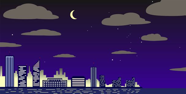 Paisagem noturna da cidade, arranha-céus, reflexões sobre a água, céu parcialmente nublado com lua e estrelas
. - Vetor, Imagem