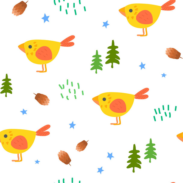 Funny birds among the forest thicket. Cute children's seamless pattern. Bright ornament is great for prints, textiles, covers, gift wrappers, backdrops. - Vector, Image