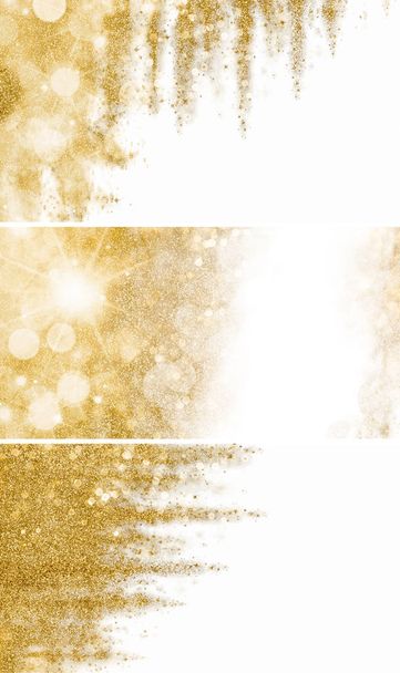 Set aus drei festlich goldenen Glitzerhintergründen auf weißem Hintergrund mit Kopierraum in abstrakten Mustern zur Verwendung als Designvorlagen für saisonale Urlaubsgrüße - Foto, Bild