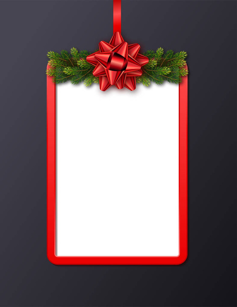 Greeting card with red frame, fir garland and bow on black background. Christmas holiday template for a banner, poster, notebook, invitation with copy space - Vector, Imagen