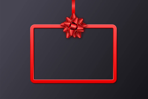Greeting card with red frame, ribbon and bow on black background. Template for a business card, banner, poster, notebook, invitation - Vecteur, image