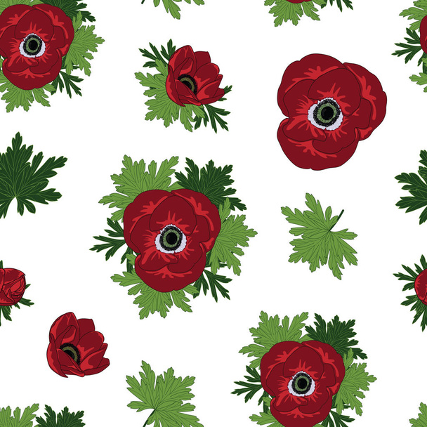 Floral seamless vector pattern with beautiful red anemone flowers. - Wektor, obraz