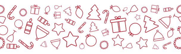赤いキャンディー、星、ろうそく、帽子、ギフト ボックス、ツリー、リース、ガラス アイコンとクリスマス休暇シームレスな境界線。バナー、ポスター、招待状用のテンプレート - ベクター画像