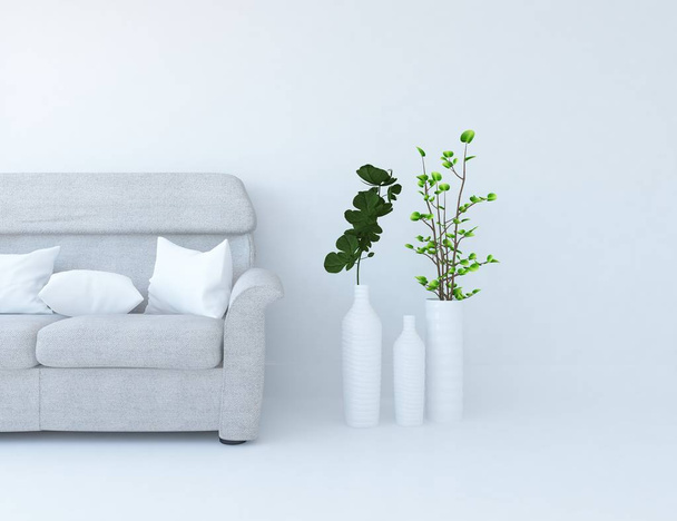 Idea valkoinen skandinaavinen olohuone sisustus sohva, kasvit ja puulattia. Koti pohjoinen sisustus. 3D-kuva
  - Valokuva, kuva