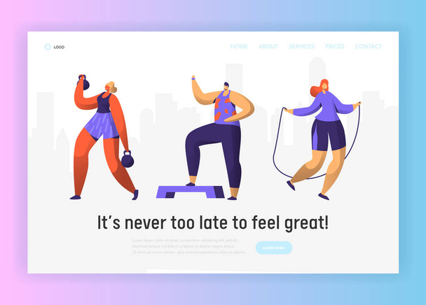 Gym Fitness Character Landing Page Set. Sport Cardio Workout Man and Woman Figure Collection. Healthy Aerobic Lifestyle Concept for Website or Banner Template. Flat Vector Illustration - Vector, Image