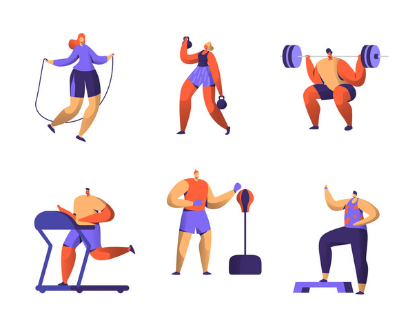 Spor Salonu Fitness karakter kümesi. Spor kardiyo egzersiz erkek ve kadın resim koleksiyonu. Sağlıklı aerobik halterci, boksör sporcu antrenör düz vektör çizim - Vektör, Görsel