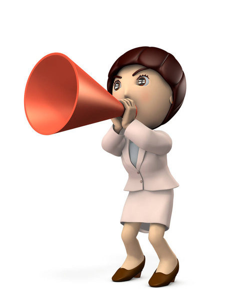 A young lady with big megaphone. She wears a suit and is cheering loudly. 3D illustration - Photo, Image