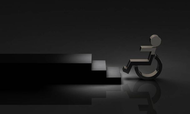ein Rollstuhl, der vor einer Treppe feststeckt. abstraktes Bild sozial schwacher Menschen. 3D-Illustration - Foto, Bild