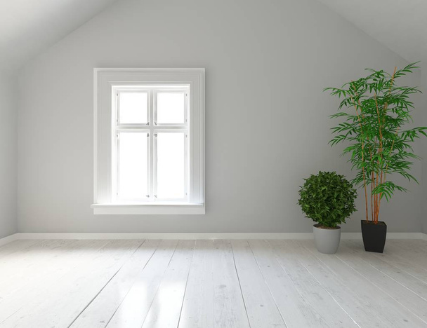 Idéia de um interior de quarto escandinavo vazio branco com vasos no chão de madeira. Casa interior nórdico. Ilustração 3D - Ilustração
 - Foto, Imagem