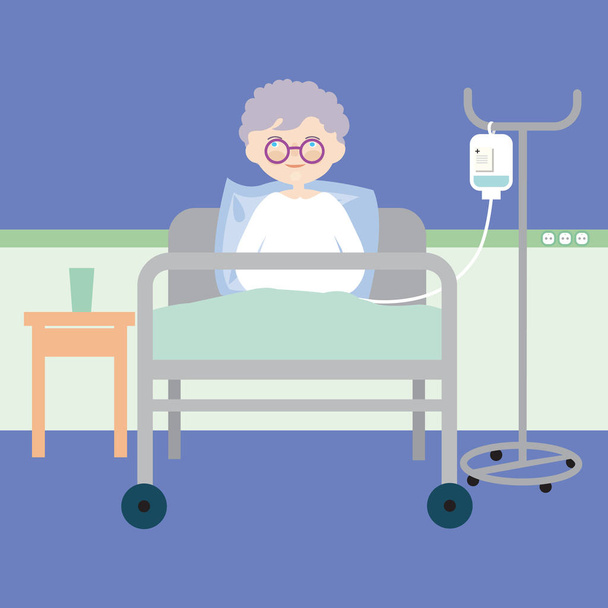 Ηλικιωμένη γυναίκα ξαπλωμένη στο κρεβάτι νοσοκομείου και έχοντας μια ενδοφλέβια inj - Διάνυσμα, εικόνα