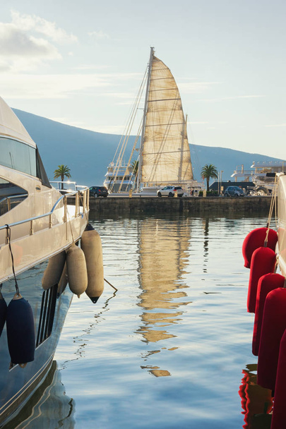 Средиземноморский порт Черногория, Адриатическое море, Которский залив, город Тиват. Вид на яхтенную гавань Порто Монтенегро
 - Фото, изображение