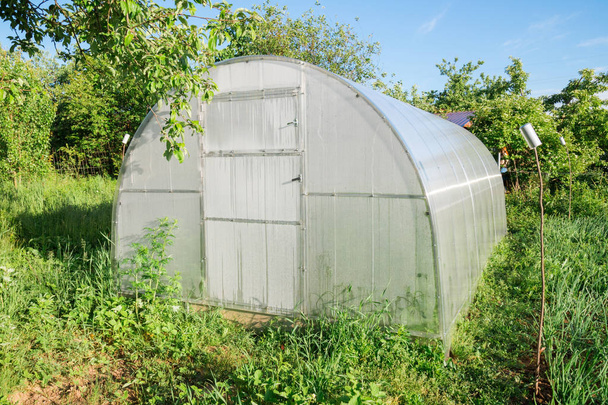 Invernadero de policarbonato en el jardín. Forma semicircular
 - Foto, Imagen
