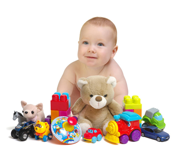 Boy and toys isolated on white background - Фото, изображение