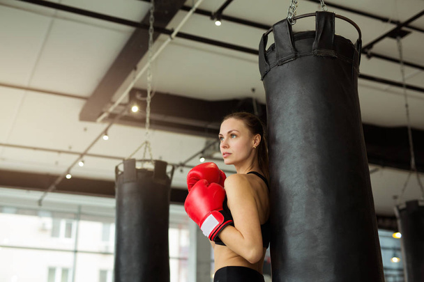 beautiful young girl in boxing gloves near the punching bag in the gym in training - 写真・画像