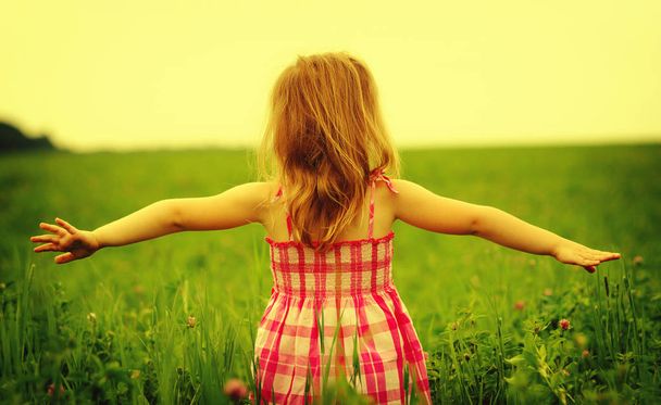 Chica disfrutando de la naturaleza en el prado. Brazos extendidos aire fresco mañana campo de verano al amanecer
 - Foto, imagen