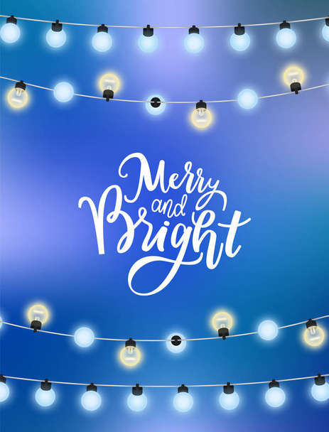 Merry Christmas Blue Background Glittering Garland - Vector, afbeelding