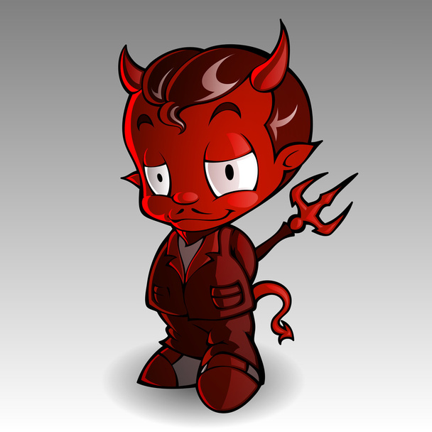 Ilustración vectorial de dibujos animados de un demonio de niño duro o diablo con horquilla en las manos
 - Vector, imagen