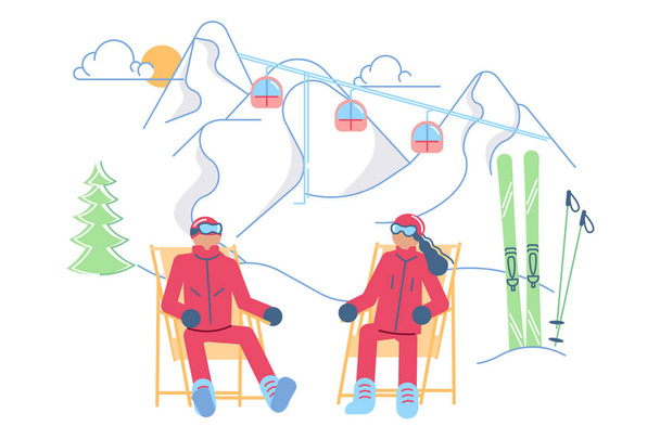 Male and female Skiers on a lounger relaxes - Vector, Image