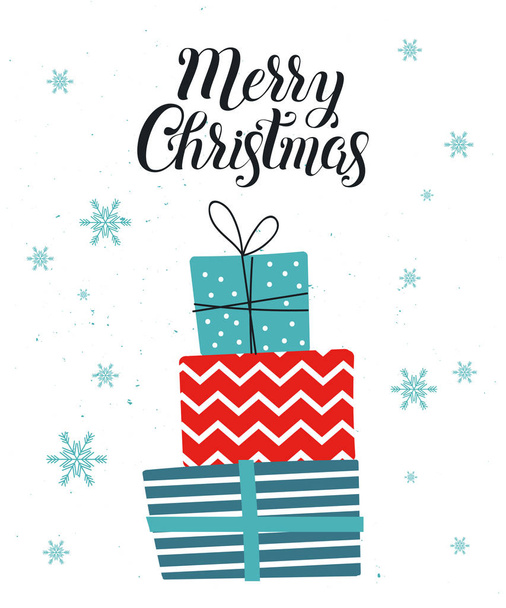 Merry Christmas and Happy New Year card with gifts and snowflakes on white background. Template for greeting, winter holiday cards, posters, banners and covers. - Vetor, Imagem