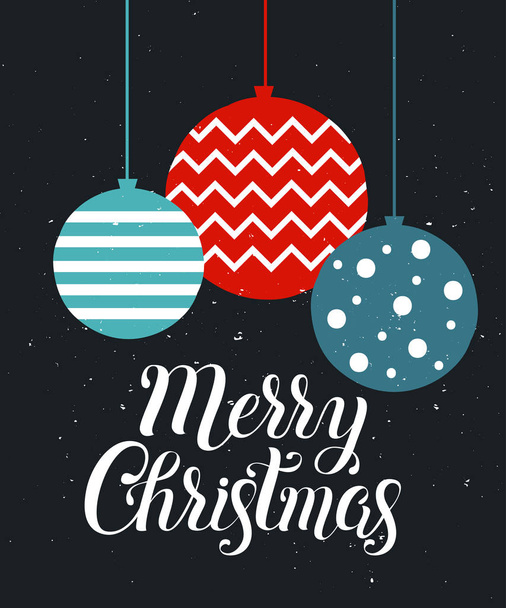 Merry Christmas and Happy New Year card with balls and lettering on dark background. Template for greeting, winter holiday cards, posters, banners and covers. - Vetor, Imagem